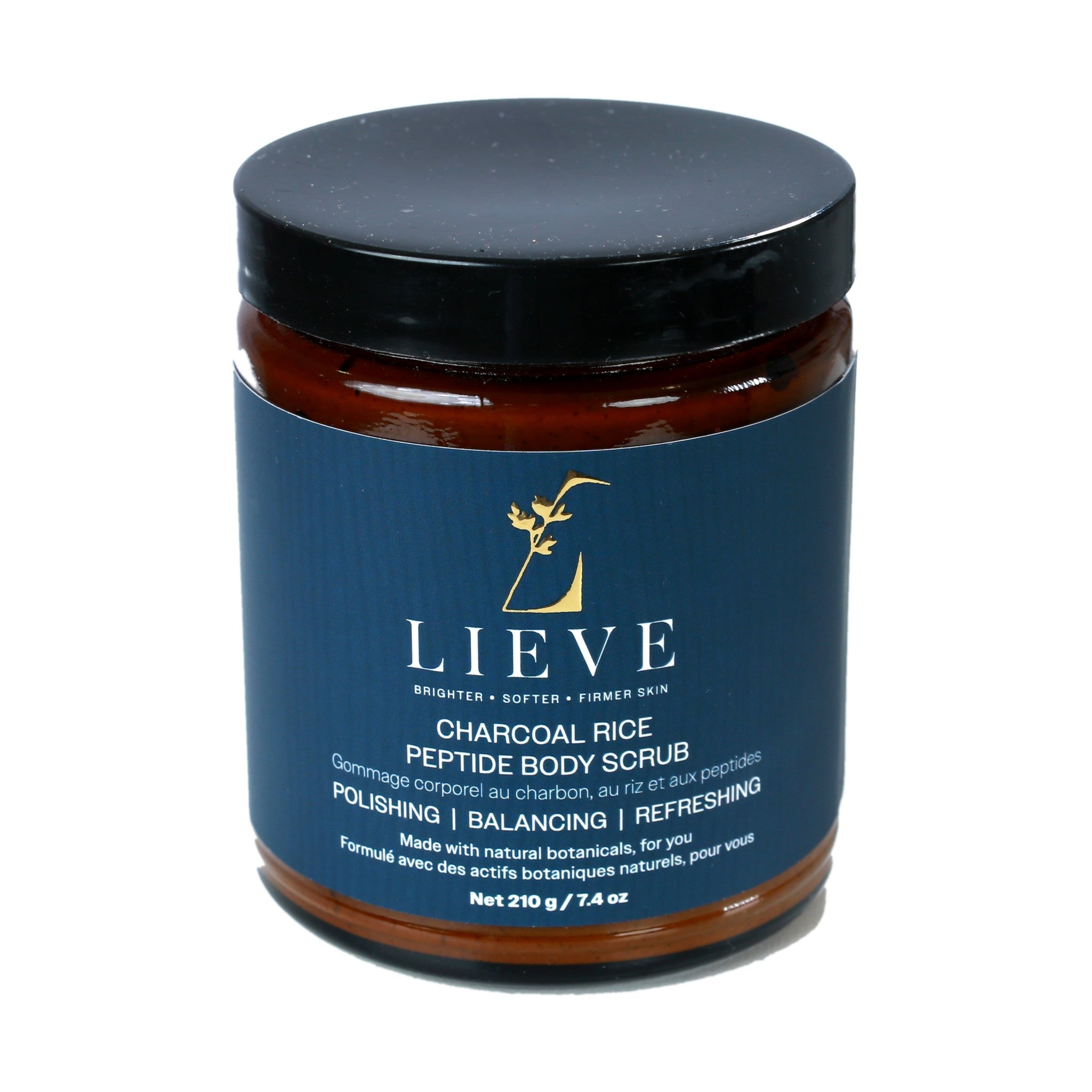 LIEVE Charcoal Rice Peptide Body Scrub, 210 g amber glass jar with black lid, front label reading Polishing, Balancing, Refreshing