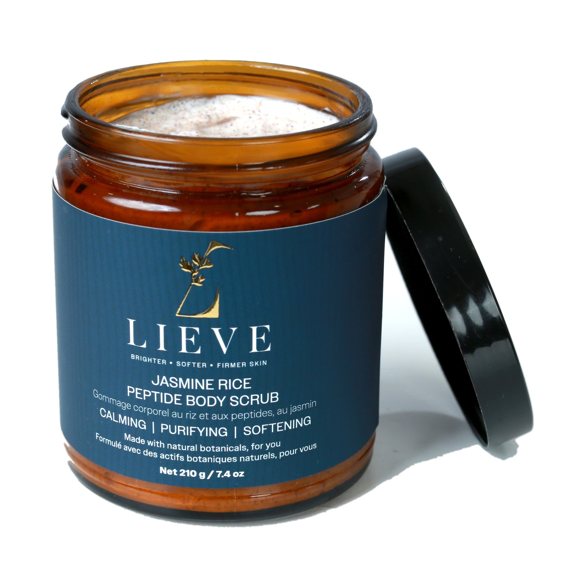 LIEVE Jasmine Rice Peptide Body Scrub jar open with the lid resting beside it, showing the scrub texture inside