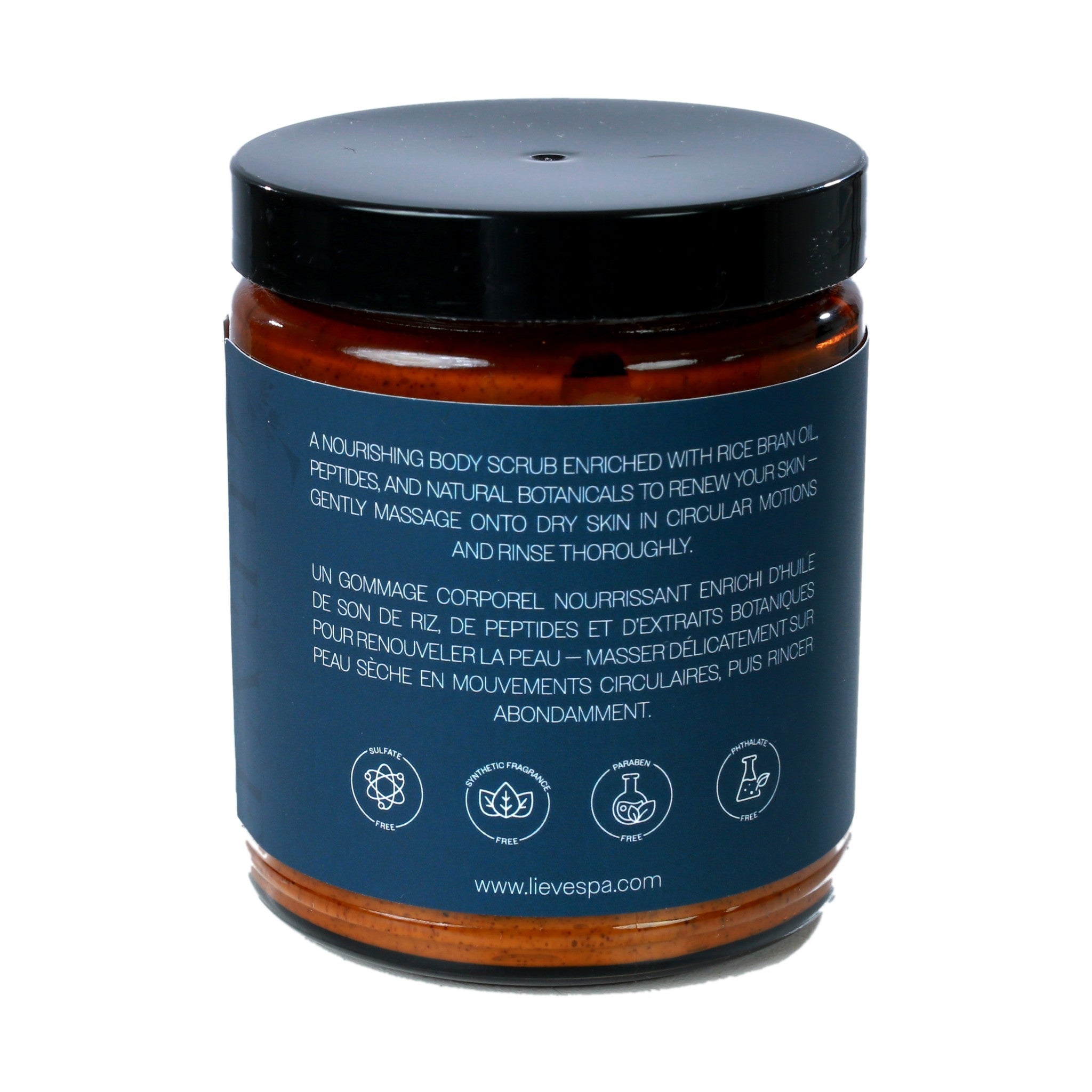 Back label of LIEVE Jasmine Rice Peptide Body Scrub with bilingual directions and sulfate-free, synthetic-fragrance-free, paraben-free and phthalate-free badges