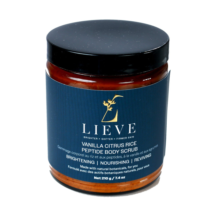 LIEVE Vanilla Citrus Rice Peptide Body Scrub, 210 g amber glass jar with black lid, front label reading Brightening, Nourishing, Reviving