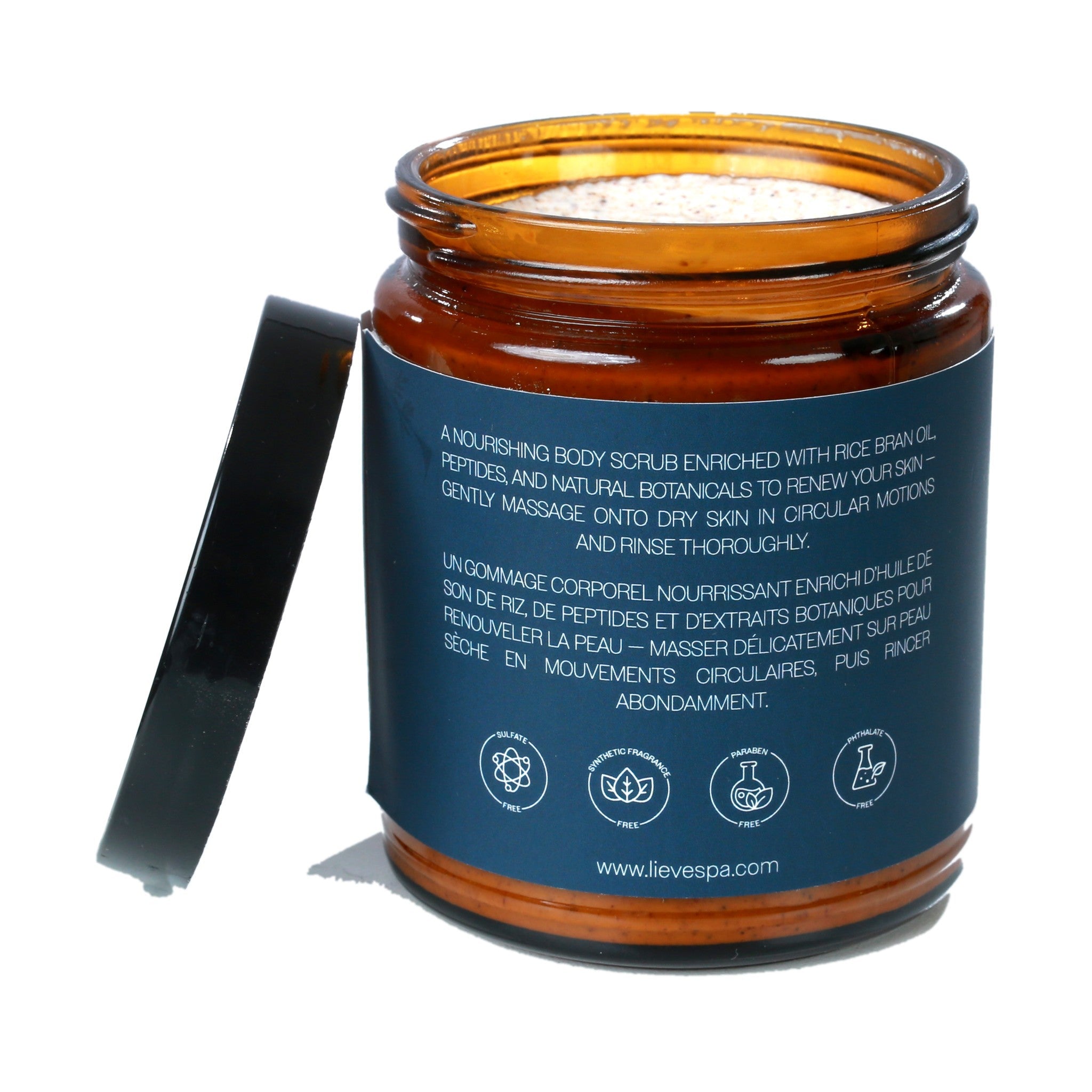Back label of LIEVE Vanilla Citrus Rice Peptide Body Scrub with bilingual directions and sulfate-free, synthetic-fragrance-free, paraben-free and phthalate-free badges