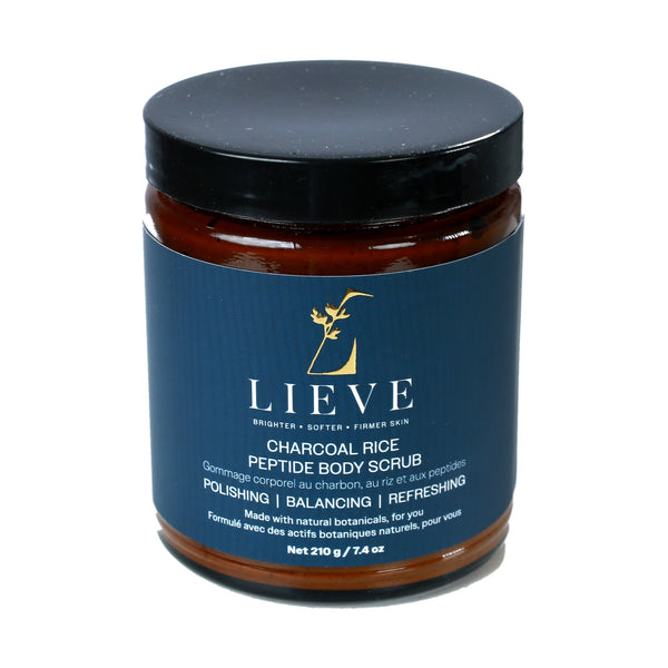 LIEVE Charcoal Rice Peptide Body Scrub, 210 g amber glass jar with black lid, front label reading Polishing, Balancing, Refreshing