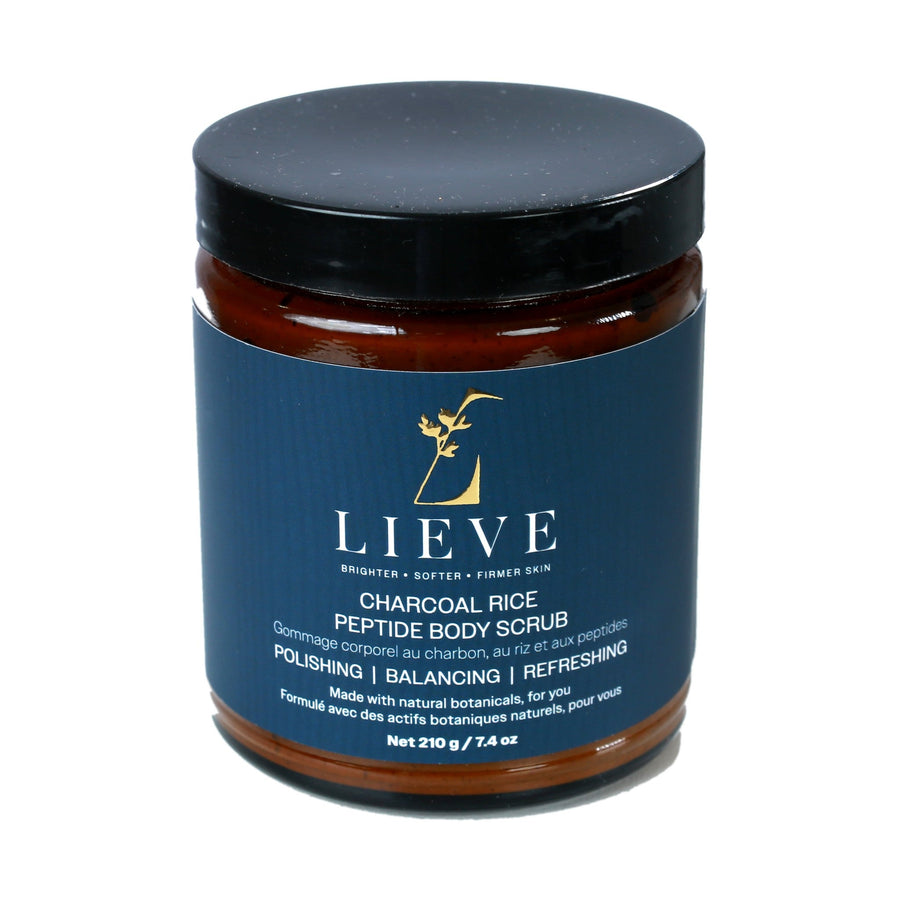 LIEVE Charcoal Rice Peptide Body Scrub, 210 g amber glass jar with black lid, front label reading Polishing, Balancing, Refreshing