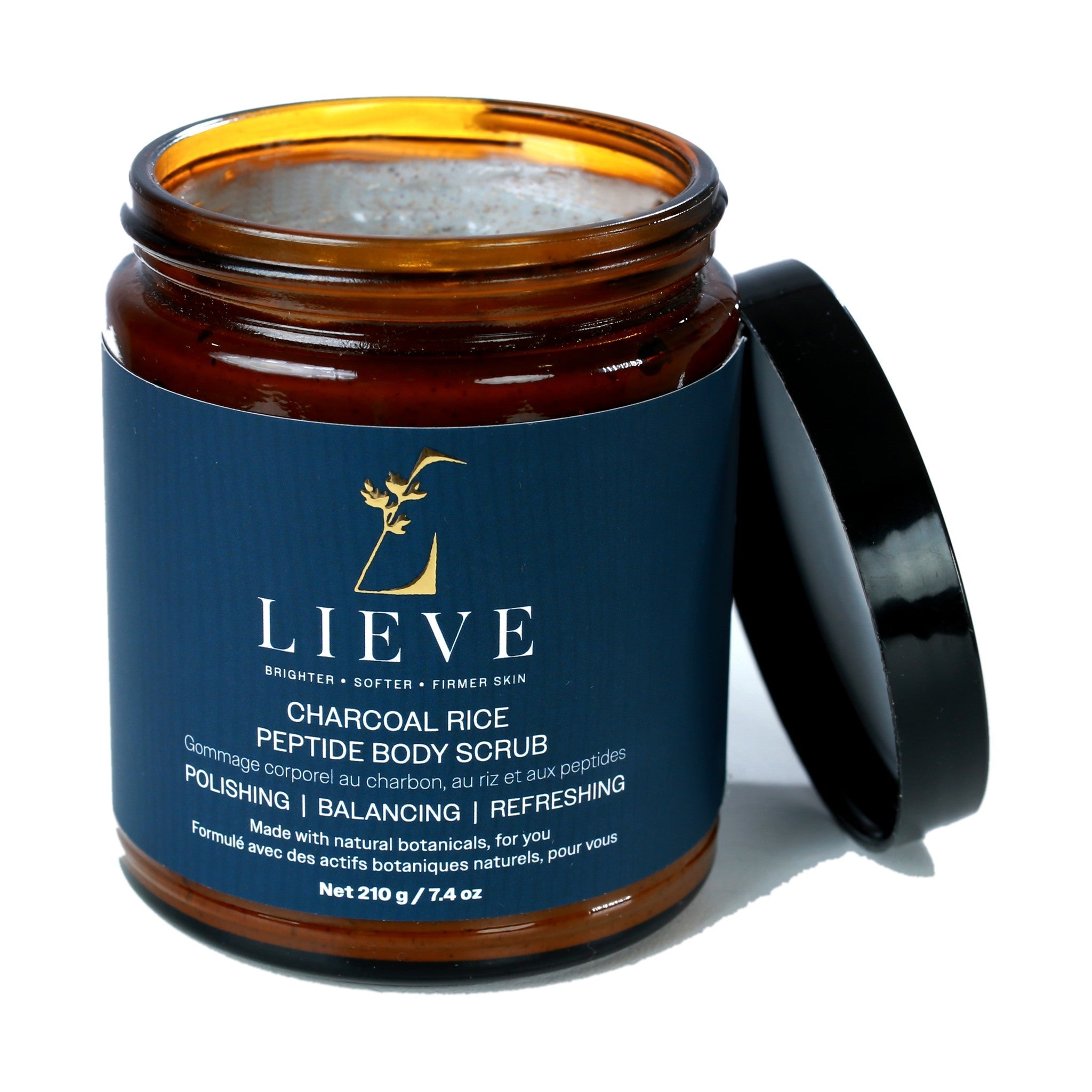 LIEVE Charcoal Rice Peptide Body Scrub jar open with the lid resting beside it, showing the scrub texture inside