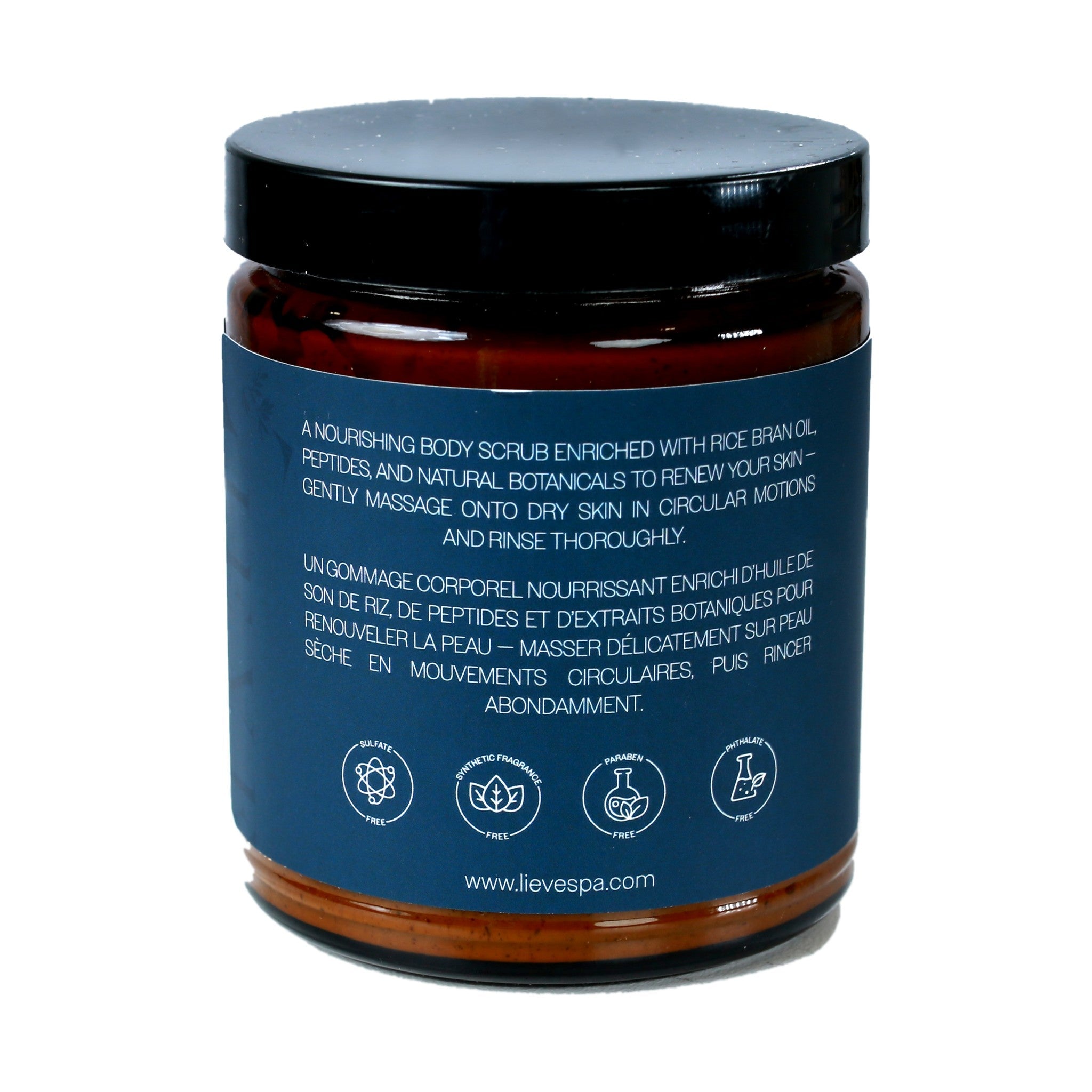 Back label of LIEVE Charcoal Rice Peptide Body Scrub with bilingual directions and sulfate-free, synthetic-fragrance-free, paraben-free and phthalate-free badges