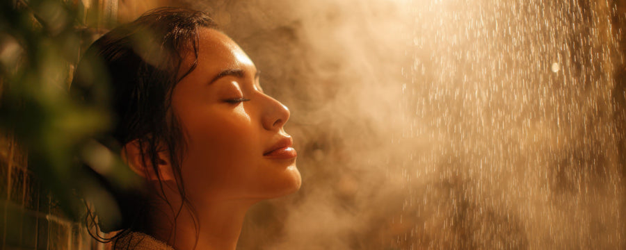 Woman in a steamy shower with eyes closed and a peaceful expression, warm golden light and mist
