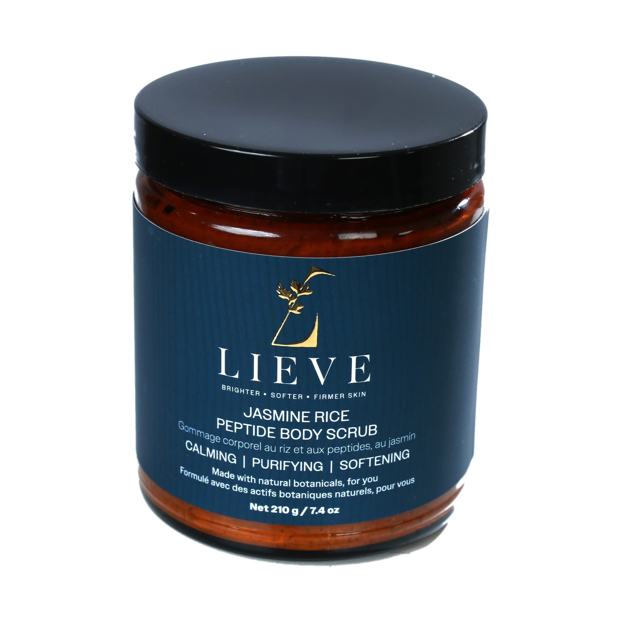 LIEVE Jasmine Rice Peptide Body Scrub, 210 g amber glass jar with black lid, front label reading Calming, Purifying, Softening