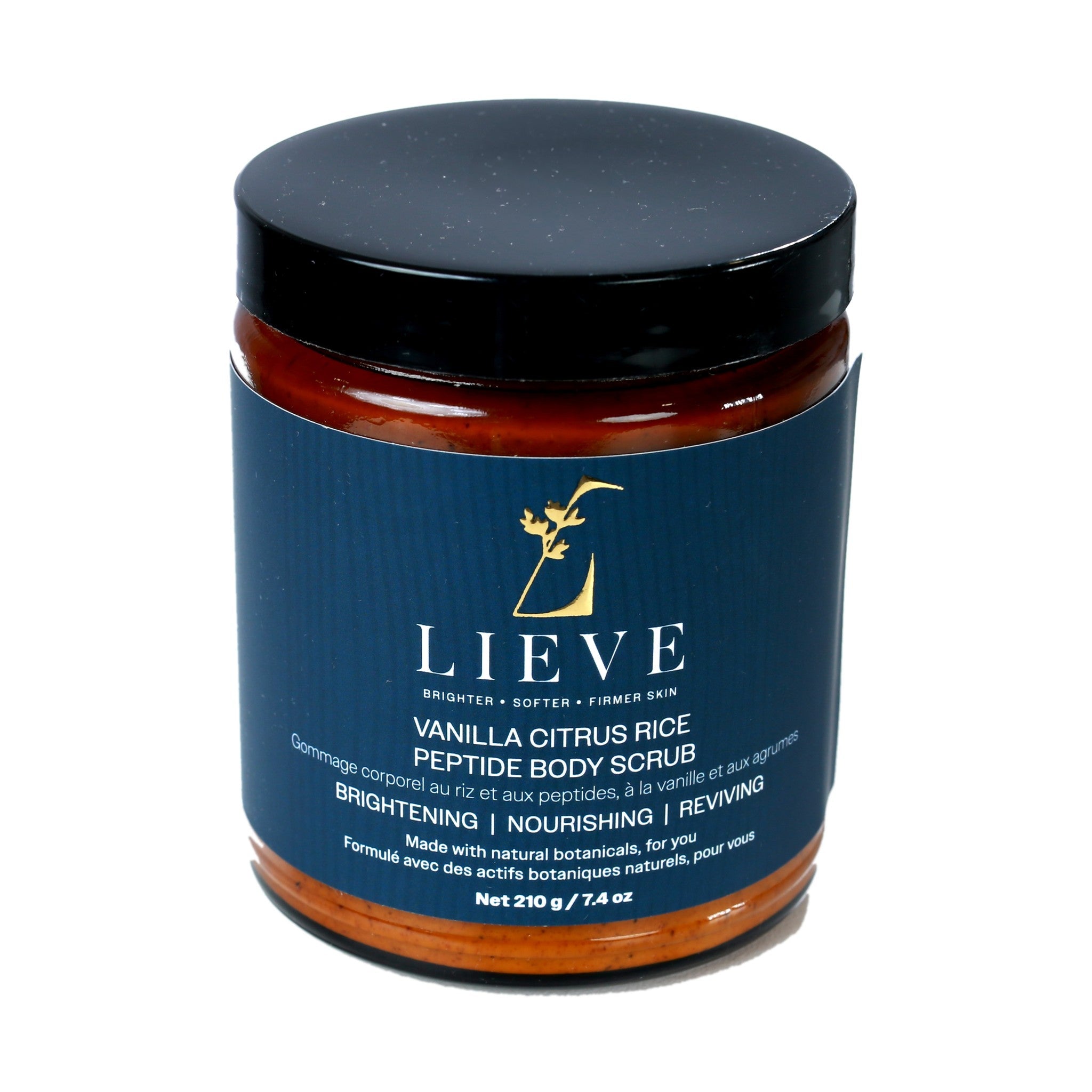 LIEVE Vanilla Citrus Rice Peptide Body Scrub, 210 g amber glass jar with black lid, front label reading Brightening, Nourishing, Reviving