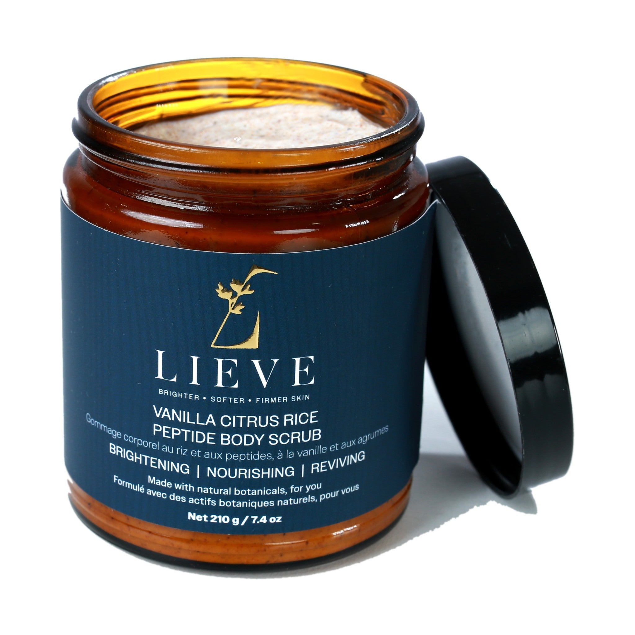 LIEVE Vanilla Citrus Rice Peptide Body Scrub jar open with the lid resting beside it, showing the scrub texture inside