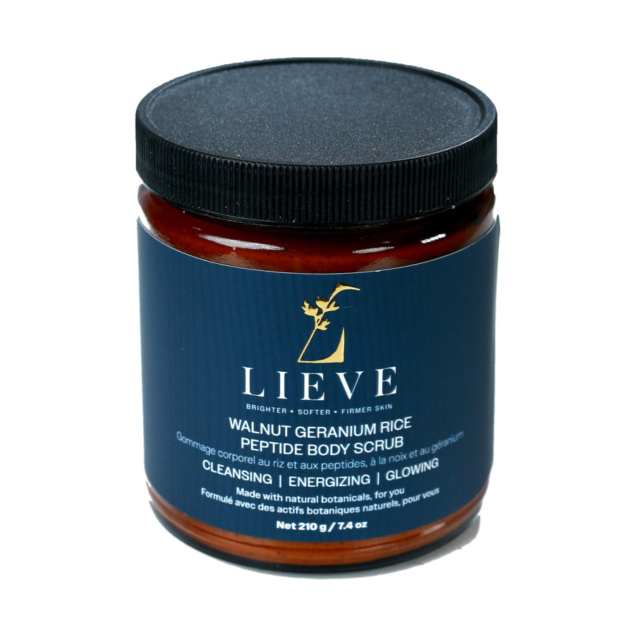 LIEVE Walnut Geranium Rice Peptide Body Scrub, 210 g amber glass jar with black lid, front label reading Cleansing, Energizing, Glowing
