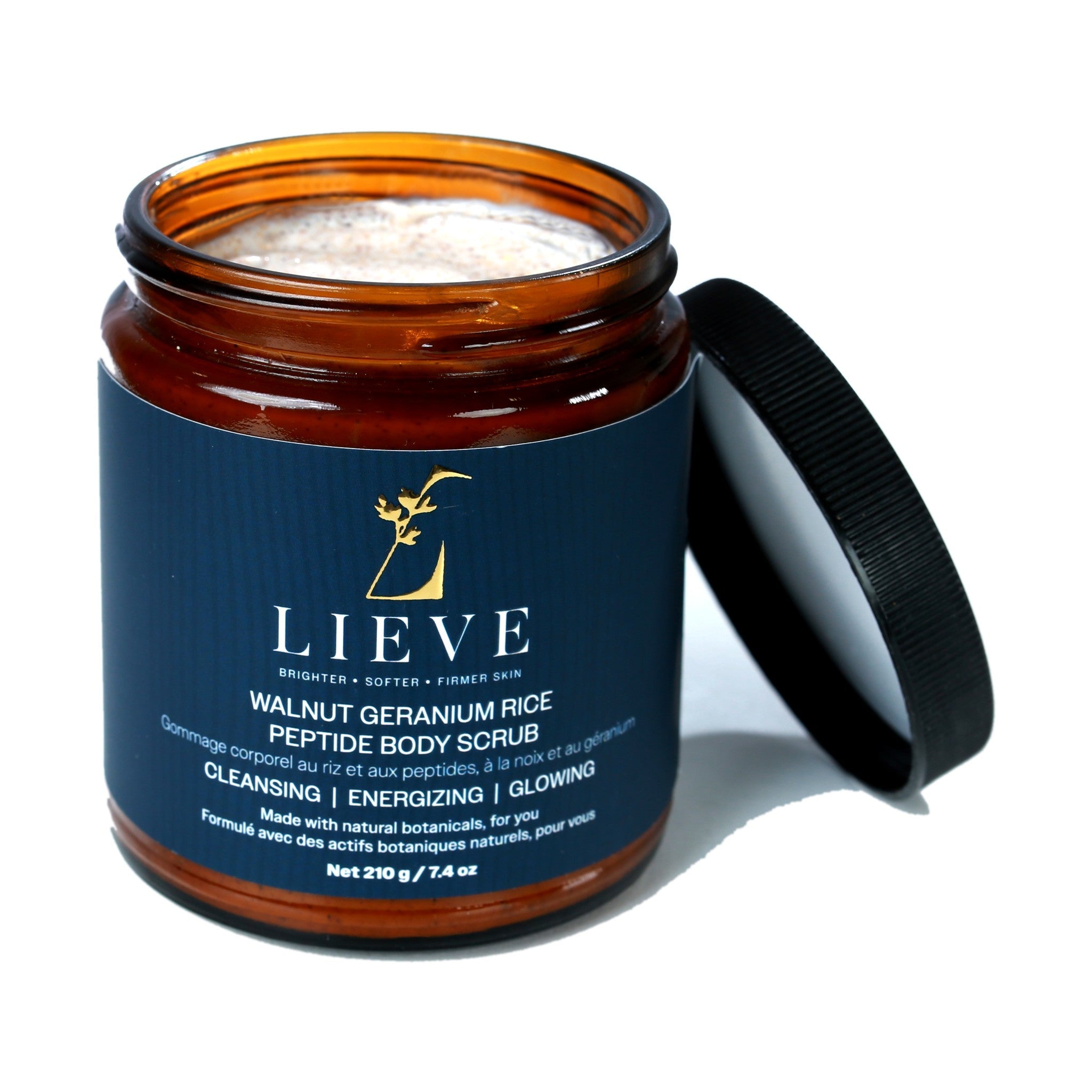 LIEVE Walnut Geranium Rice Peptide Body Scrub jar open with the lid resting beside it, showing the scrub texture inside